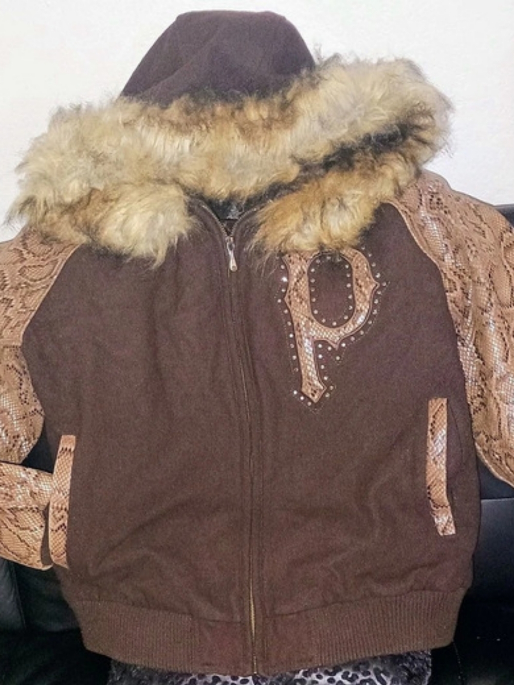 Vintage Pelle Pelle Brown Wool Varsity Jacket Snakeskin Sleeves Fur Hood